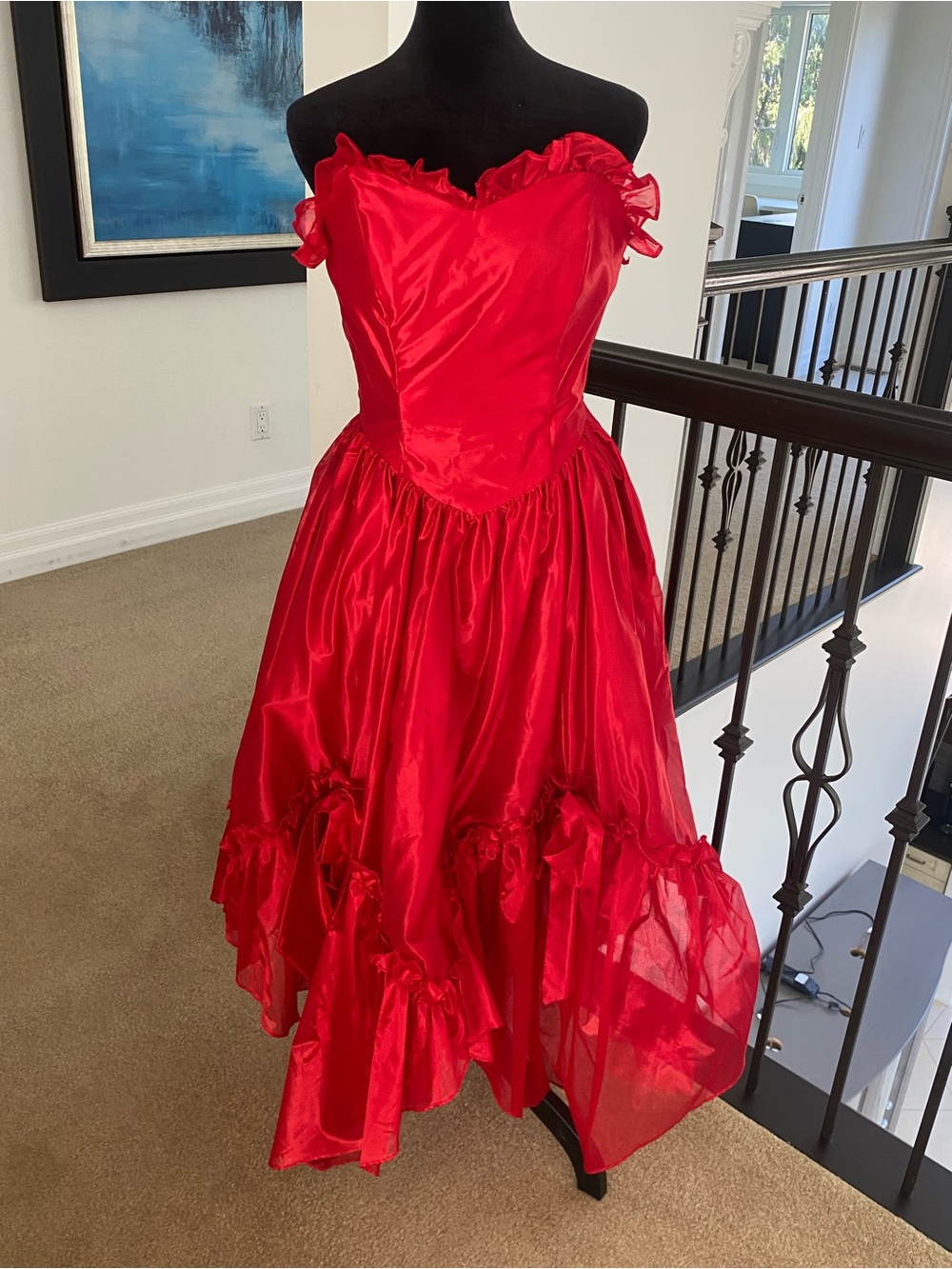 Vintage 1980s Red Satin Prom Dress |Strapless Ruffle Gown | Made in USA | Size M